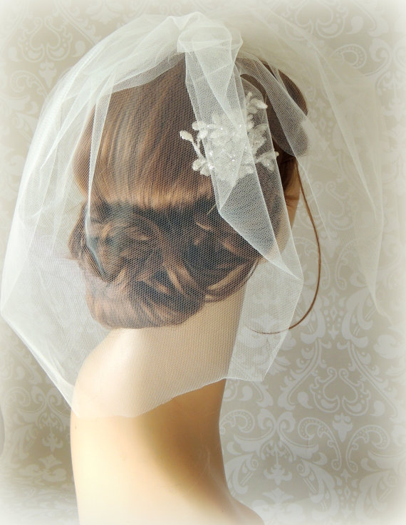 Hochzeit - Bridal Blusher Bubble Veil 15 inch 2 Layer, wedding puffy veil, Wedding birdcage veil, Blusher veil