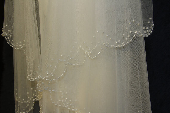 Wedding - 2T bridal veil, hand-string pearl veil, elbow veil, white ivory veil, pearl + comb bridal veil, wedding headpiece