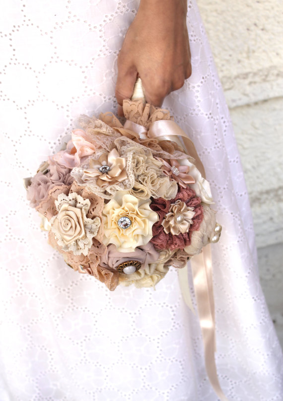 Hochzeit - Champagne blush  wedding Bouquet Fabric Bridal Bouquet DEPOSIT