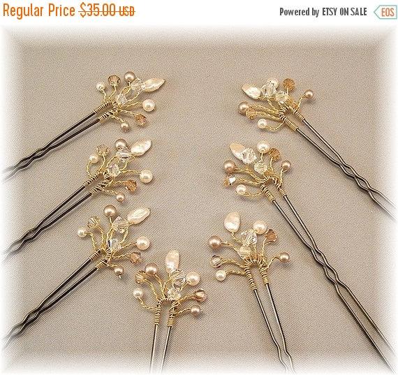 Wedding - 10% Off Through 10/30/15 Wedding Hair Accessories, Bridal Hair Pins, Golden Honey Blend Crystal and Pearls, Set of Seven Hair Pins with Gold