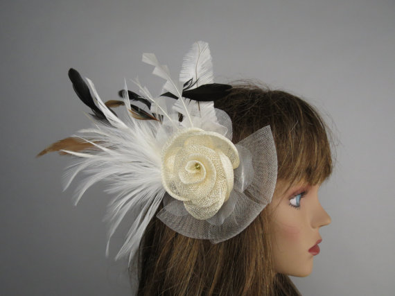 Hochzeit - Ivory Mesh Bridal Headband Fascinator Wedding Head Piece  Wedding Accessory Feathers Bridal Accessory