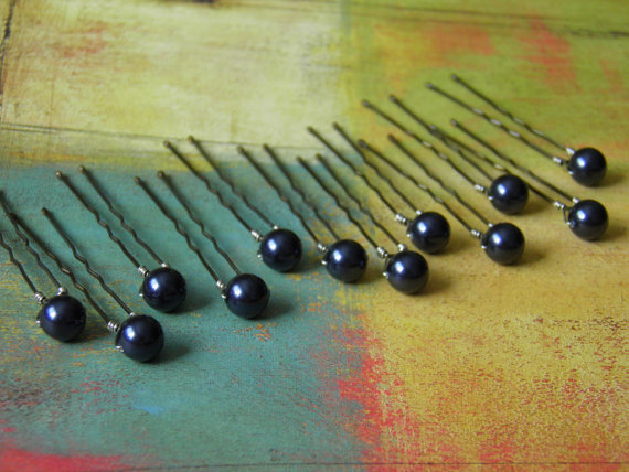 Hochzeit - 12 Night Navy Blue 8mm Swarovski Crystal Pearl Hair Pins