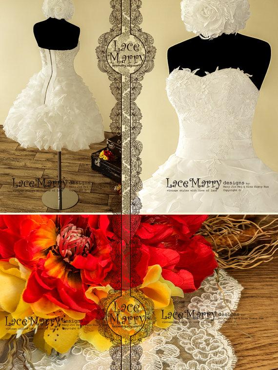 Wedding - 1950's Inspired Short Wedding Dress Designed with 3D Flower Appliqués in Strapless Sweetheart Cut and Fluffy Skirt Featuring Metallic Zipper