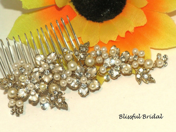زفاف - Pearl Gold Wedding Comb,  Pearl Crystal Comb, Champagne Pearl Bridal Comb,  Wedding Comb for  Bride