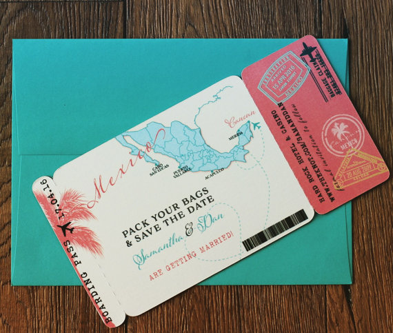 Mariage - Boarding Pass Magnet Save the Date. Mexico map. Destination Wedding Invitation