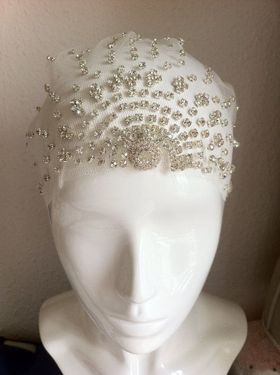 Wedding - Diamonties Embroidered Tulle Cap, Great Gatsby Inspired Headpiece, Alternative Veil, Unusual Bridal Headpiece