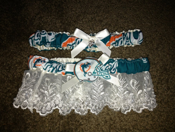 Hochzeit - Miami Dolphins NFL football Ivory Cream Lace trim Sequin Garter set