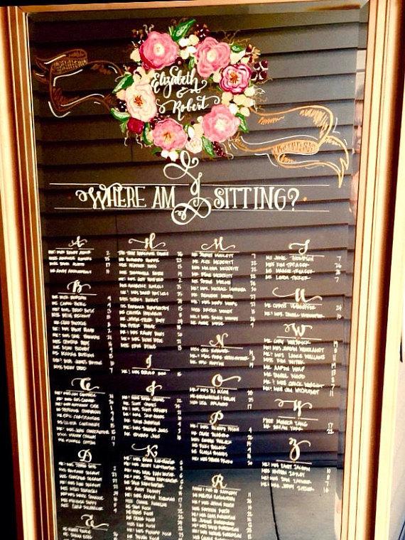 Hochzeit - Wedding Mirror Seating Chart  Leaning Floor Mirror . Program. Timeline, Menu, Signage,  Hand Painted with Calligraphy.