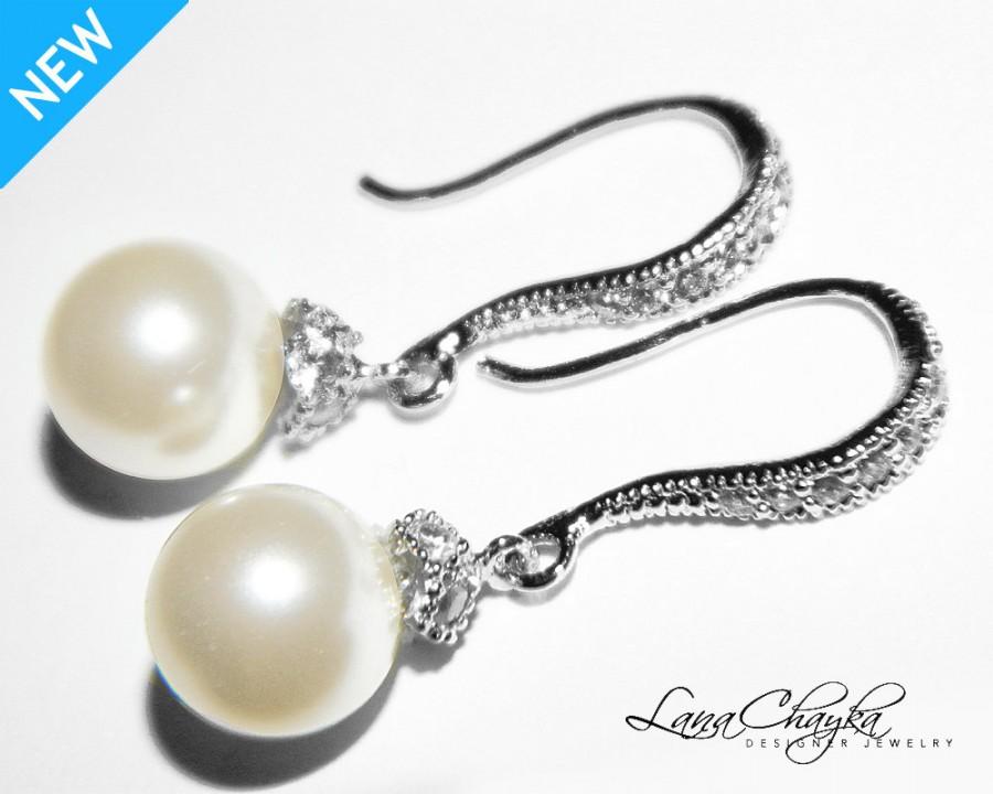 Hochzeit - Bridal Pearl Earrings Ivory Drop Pearl Earrings Bridal Jewelry Wedding Silver CZ Earrings Swarovski Pearl Small Earrings FREE US Shipping