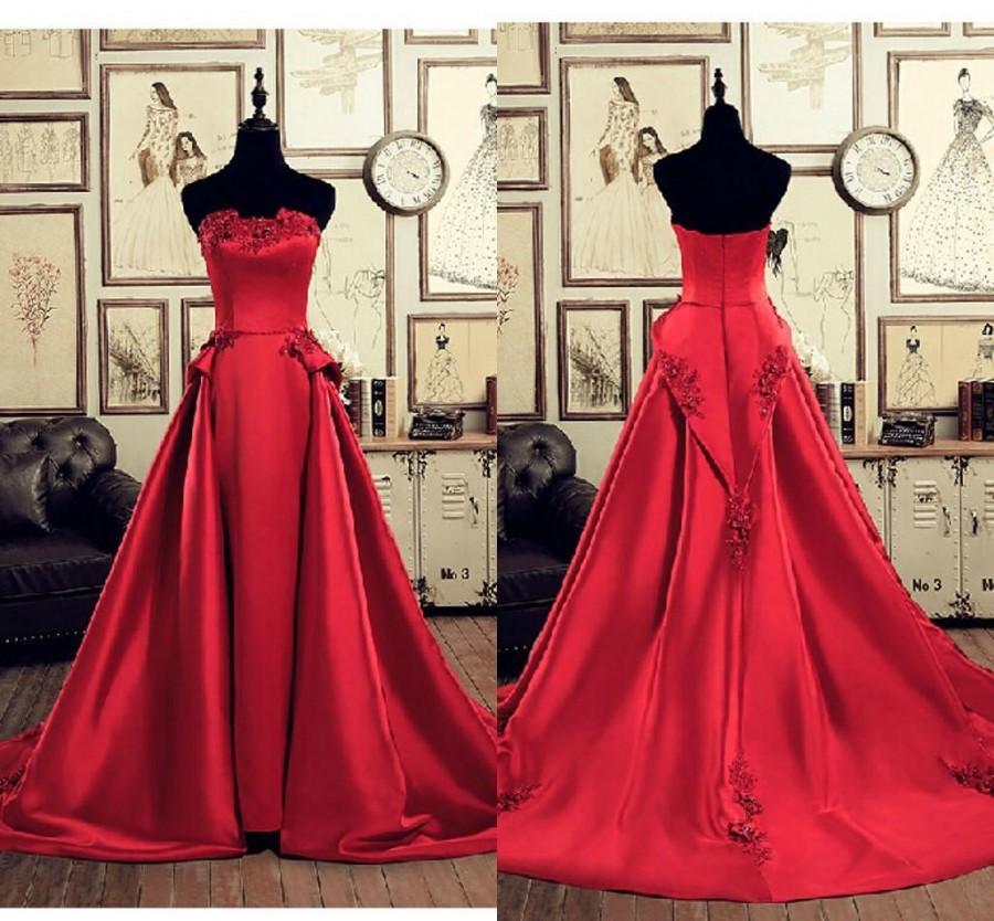 Свадьба - Stunning Elie Saab Evening Dresses Satin Applique Beads 2015 Formal Strapless Long Prom Ball Party Court Train Dark Red Evening Gowns Online with $123.72/Piece on Hjklp88's Store 
