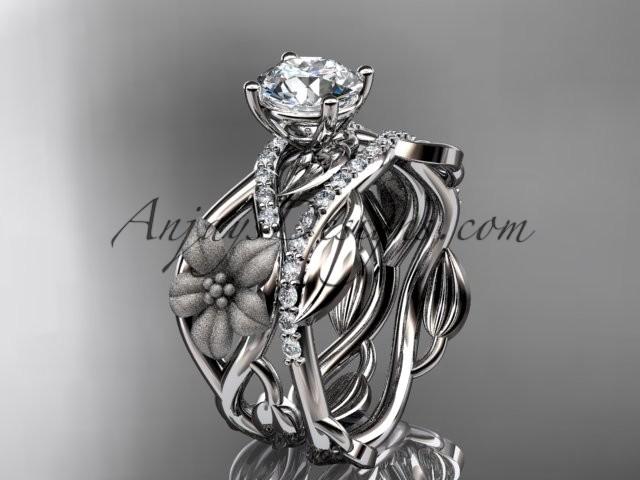 Hochzeit - Unique 14kt white gold floral diamond wedding ring, engagement set ADLR270S