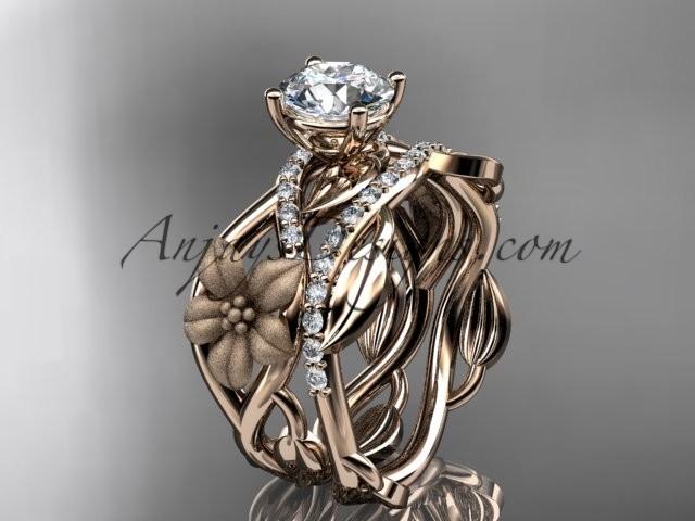 زفاف - Unique 14kt rose gold floral diamond wedding ring, engagement set ADLR270S