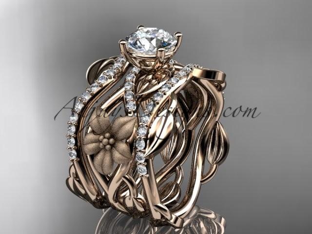 Wedding - Unique 14kt rose gold floral diamond wedding ring, engagement ring and double matching band ADLR270S