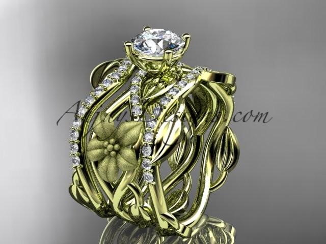 زفاف - Unique 14kt yellow gold floral diamond wedding ring, engagement ring with a "Forever One" Moissanite center stone and double matching band ADLR270S