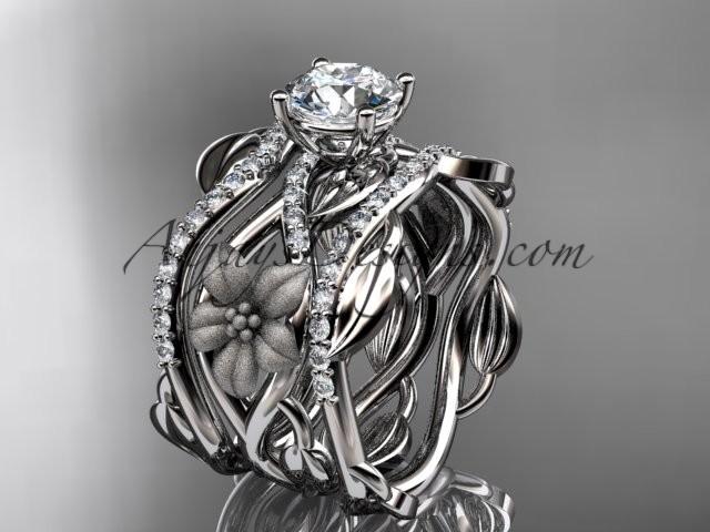 زفاف - Unique platinum floral diamond wedding ring, engagement ring with a "Forever One" Moissanite center stone and double matching band ADLR270S