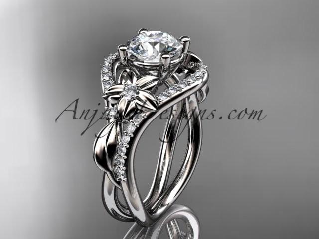 زفاف - Unique platinum diamond leaf and vine wedding ring, engagement ring with a "Forever One" Moissanite center stone ADLR244