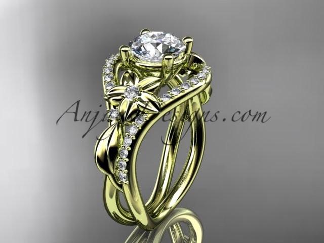 زفاف - Unique 14kt yellow gold diamond leaf and vine wedding ring, engagement ring with a "Forever One" Moissanite center stone ADLR244