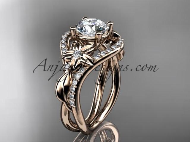 Hochzeit - Unique 14kt rose gold diamond leaf and vine wedding ring, engagement ring with a "Forever One" Moissanite center stone ADLR244