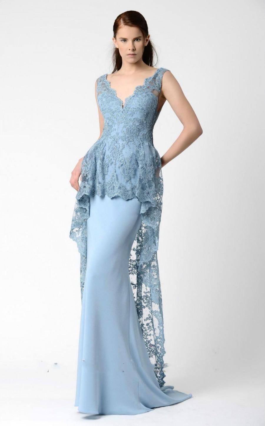 زفاف - 2016 Mermaid Evening Dresses Gowns Formal Prom With V Neck Sheer Neckline Sexy Bare Back Appliqued Blue Lace Party Formal Full Length Online with $126.39/Piece on Hjklp88's Store 