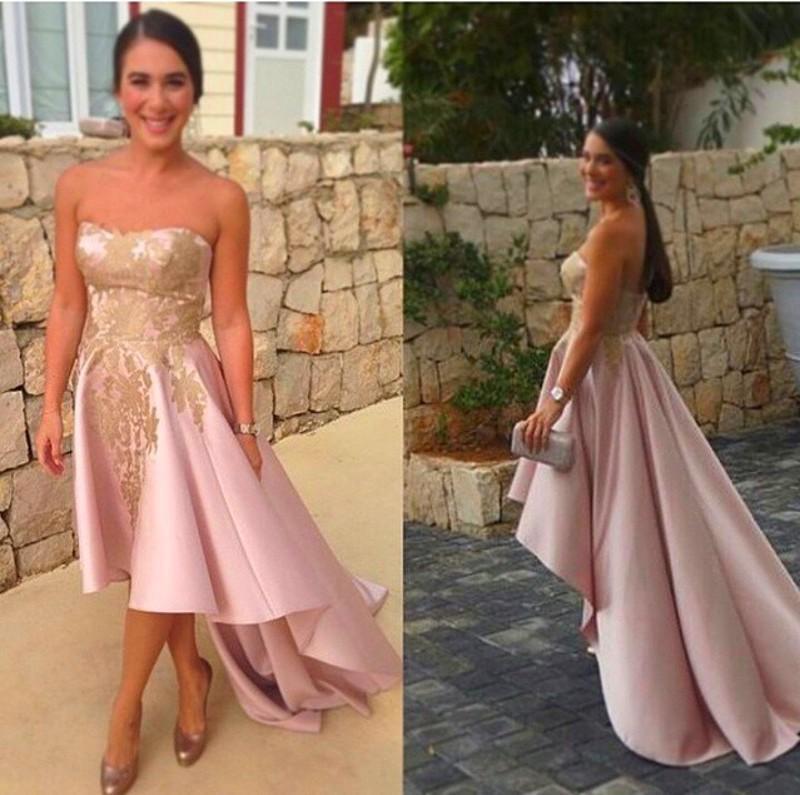 Hochzeit - Refreshing 2015 Arabic Pink Evening Dresses with Gold Applique A Line Strapless Satin Party Red Carpet Prom Dress High Low Ball Gowns Online with $105.03/Piece on Hjklp88's Store 