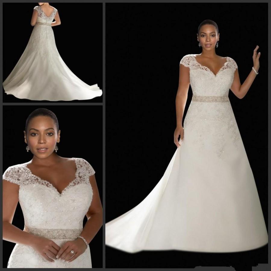 Свадьба - Stunning Lace Plus Size Wedding Dresses Beaded Sash 2015 Capped Applique V-Neck Sequins Sheer A-line Chapel Train Bridal Dresses Ball Gowns Online with $128.17/Piece on Hjklp88's Store 