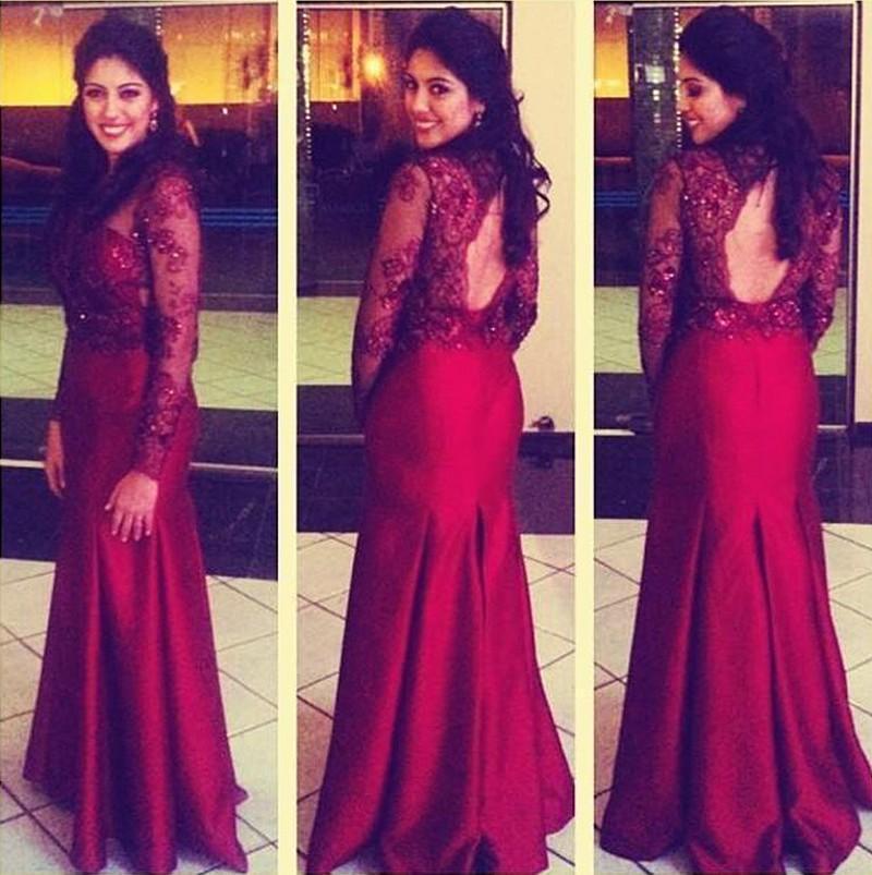 Wedding - Modest Dark Red Evening Dresses Arabic Formal Dress High Neck 2015 Sheer Long Sleeve Appliqued Sequins Hollow Party Dresses Ball Gowns Prom Online with $115.71/Piece on Hjklp88's Store 