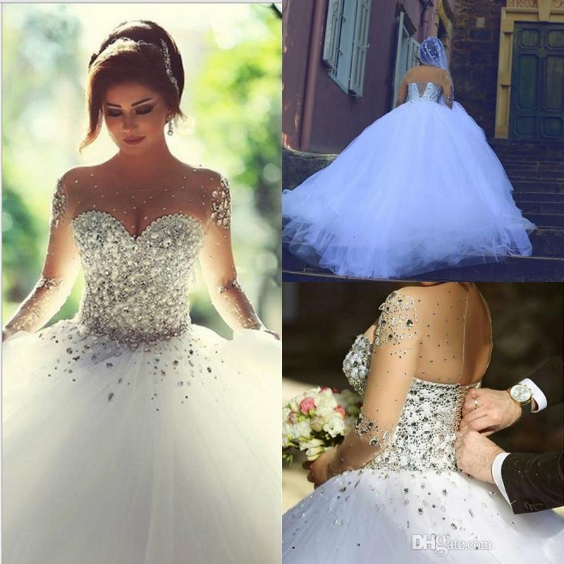 Hochzeit - Real Image 2015 Wedding Dresses Long Sleeves Crystal Quinceanera Dress Elegant Lace Up Sheer Illusion Crew Neck Ball Gown Bridal Gowns Online with $178.02/Piece on Hjklp88's Store 