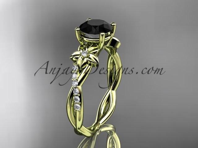 Mariage - 14kt yellow gold flower diamond wedding ring, engagement ring with a Black Diamond center stone ADLR388