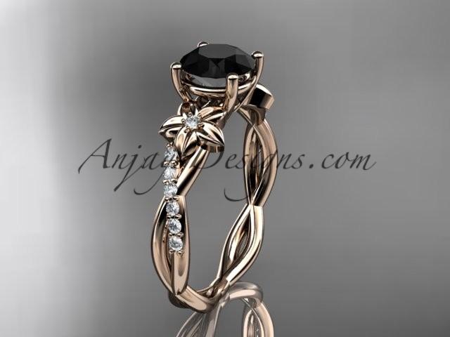 Hochzeit - 14kt rose gold flower diamond wedding ring, engagement ring with a Black Diamond center stone ADLR388