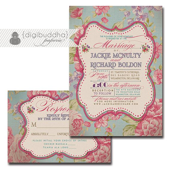 زفاف - Vintage Rose Wedding Invitation & Response Card 2 Piece Wedding Suite RSVP Pink Blue Chic DIY Digital Or Printed - Jackie Style