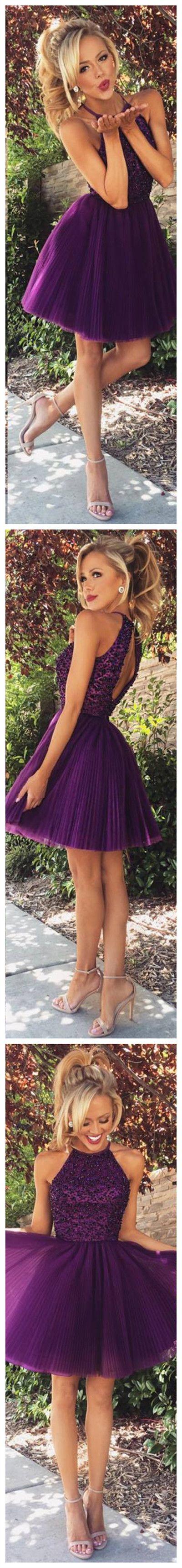 Hochzeit - A-line High Neck Black Beaded Bodice Grape Tulle Short Prom Homecoming Dresses APD1557 From DiyDressonline