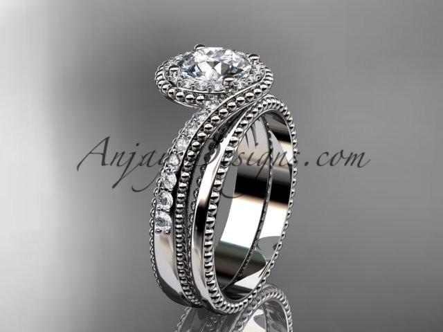 Mariage - platinum halo diamond engagement set with a "Forever One" Moissanite center stone ADLR379S