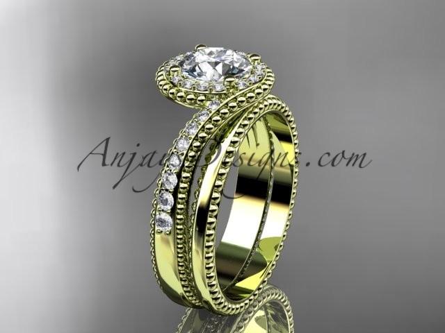 Hochzeit - 14kt yellow gold halo diamond engagement set with a "Forever One" Moissanite center stone ADLR379S