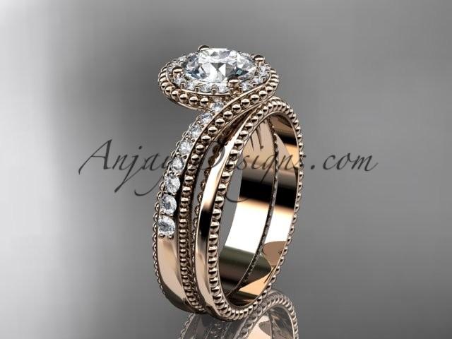 Wedding - 14kt rose gold halo diamond engagement set with a "Forever One" Moissanite center stone ADLR379S