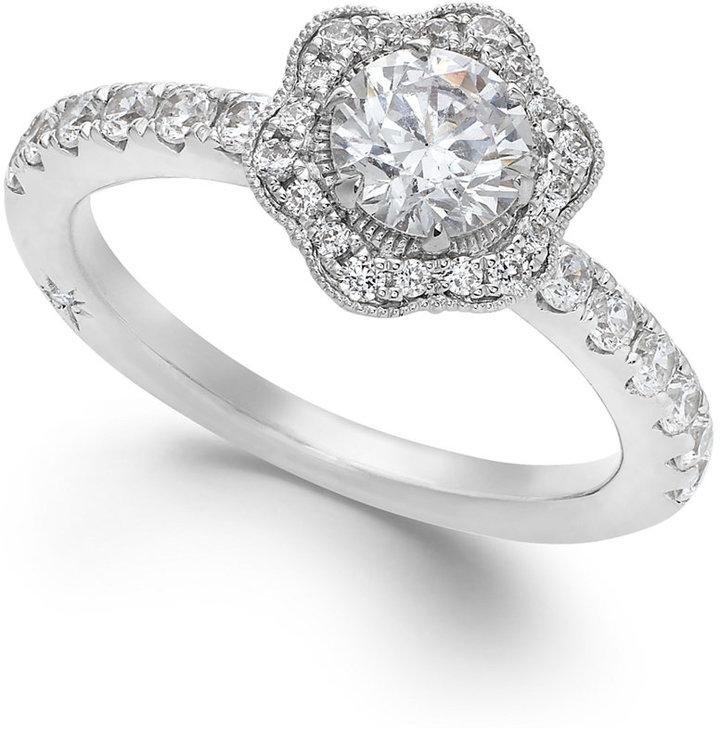 Hochzeit - Fleur by Marchesa Certified Diamond Flower Engagement Ring in 18k White Gold (1-1/4 ct. t.w.)