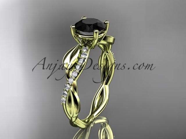 Hochzeit - 14kt yellow gold leaf diamond wedding ring, engagement ring with a Black Diamond center stone ADLR385