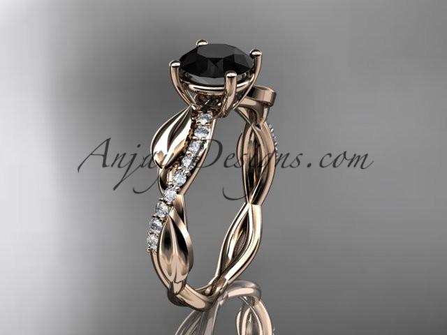 Свадьба - 14kt rose gold leaf diamond wedding ring, engagement ring with a Black Diamond center stone ADLR385