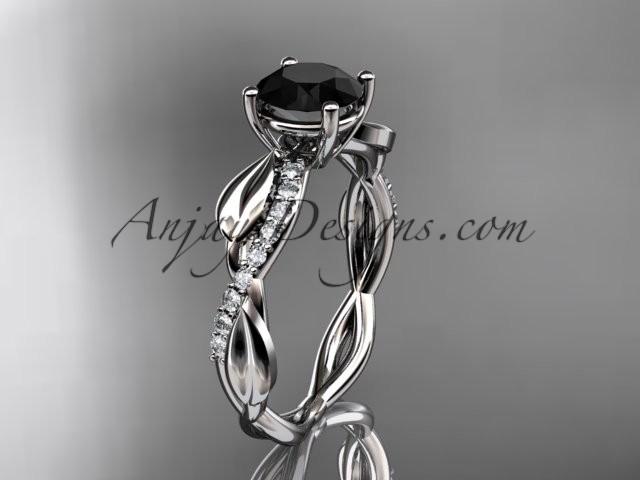 Wedding - 14kt white gold leaf diamond wedding ring, engagement ring with a Black Diamond center stone ADLR385