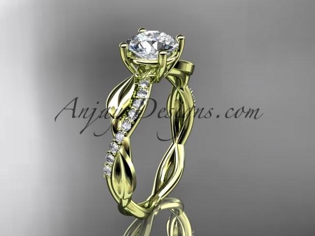 Hochzeit - 14kt yellow gold leaf diamond wedding ring, engagement ring with a "Forever One" Moissanite center stone ADLR385