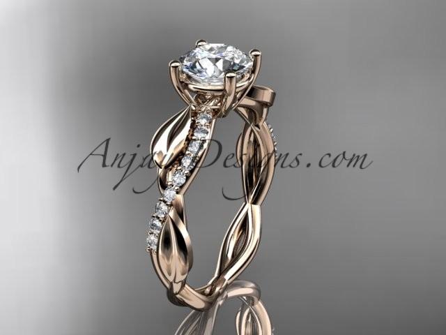 Wedding - 14kt rose gold leaf diamond wedding ring, engagement ring with a "Forever One" Moissanite center stone ADLR385
