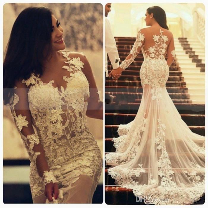 Wedding - 2016 Arabic Mermaid Lace Wedding Dresses with Long Transparent Sleeves Crew Neck Applique Vintage Informal Wedding Party Dress Evening Gowns Online with $124.61/Piece on Hjklp88's Store 