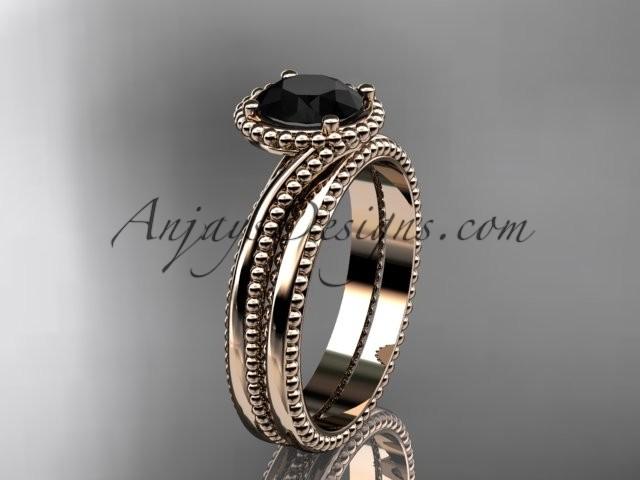 Hochzeit - 14kt rose gold wedding ring, engagement set with a Black Diamond center stone ADLR389S