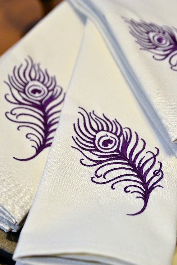 زفاف - Cloth Dinner Napkin , Asian Inspired Embroidered Peacock Feather Perfect For Wedding Gifts, Optional Personalization Available