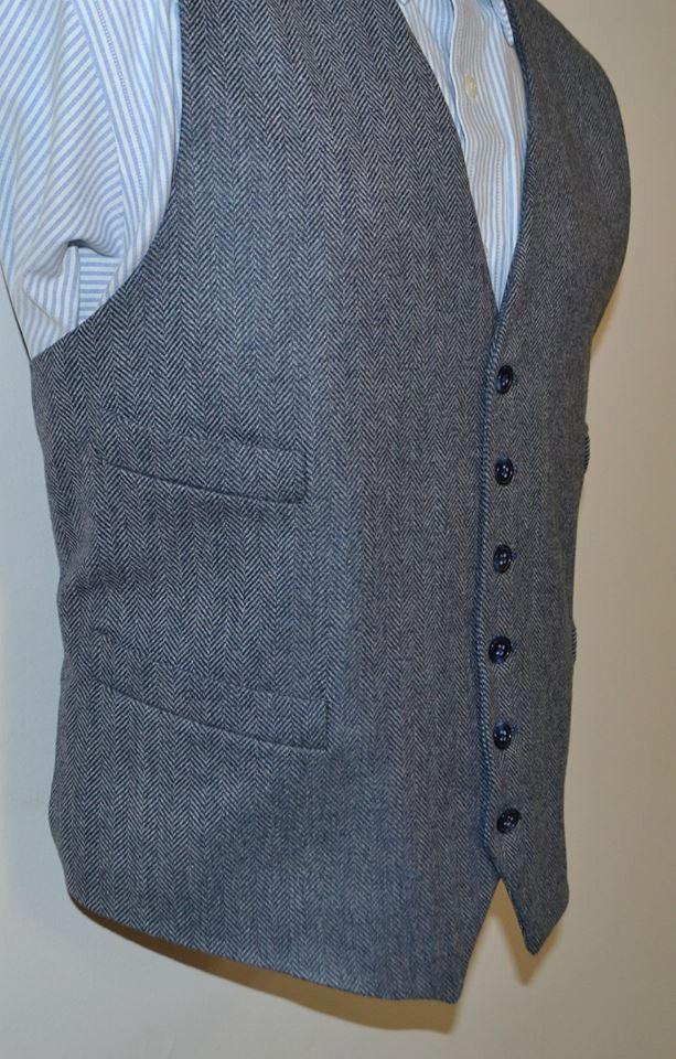 Wedding - Mens Vest, herringbone in wool tweed, 100% acetate lined , AC Ashworth & Company formal wear, custom fit, four welt pockets, handmade in USA