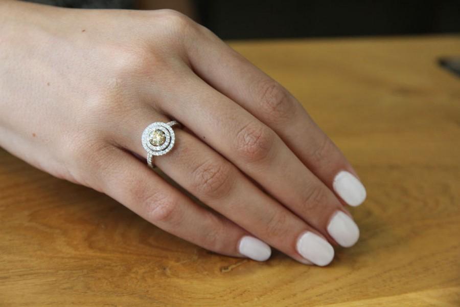 زفاف - Natural Fancy Yellow Diamond Ring, 14K White Gold Ring, Yellow Diamond Engagement Ring, 1.4 CT Double Halo Ring, Unique Engagement Ring