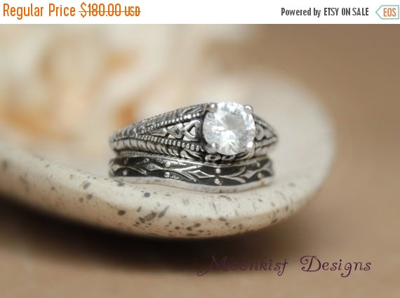 Hochzeit - ON SALE Heart Filigree White Sapphire Engagement Ring Set with Fleur de Lis Band in Sterling -Silver Heart Lace Diamond Alternative Wedding