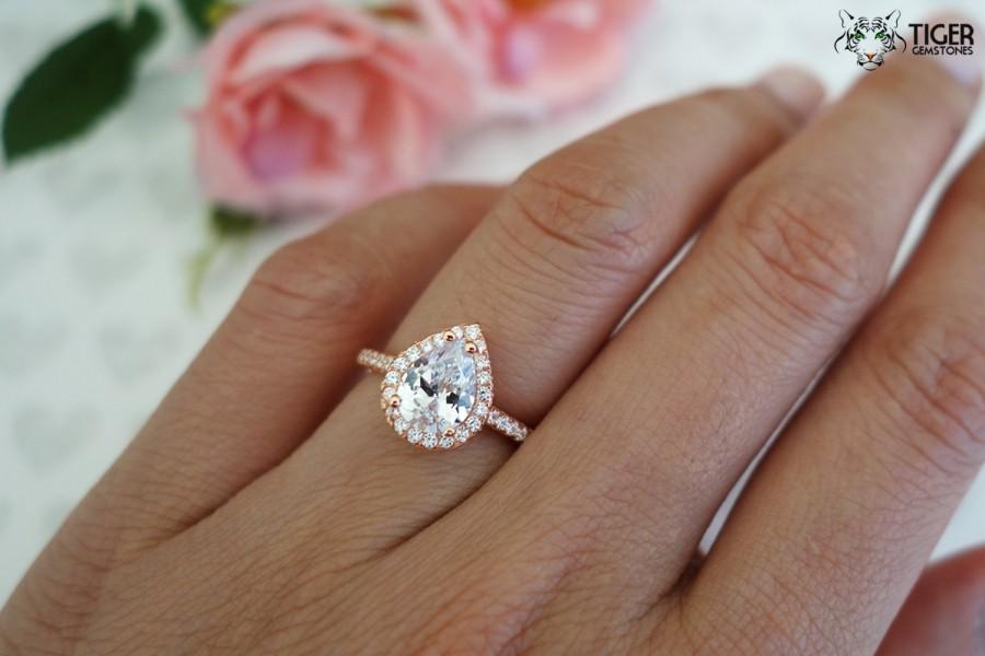 Hochzeit - 1.5 Carat Pear Cut Halo Engagement Ring, Flawless Man Made Diamond Simulants, Wedding Ring, Bridal Ring, Sterling Silver, Rose Gold Plated