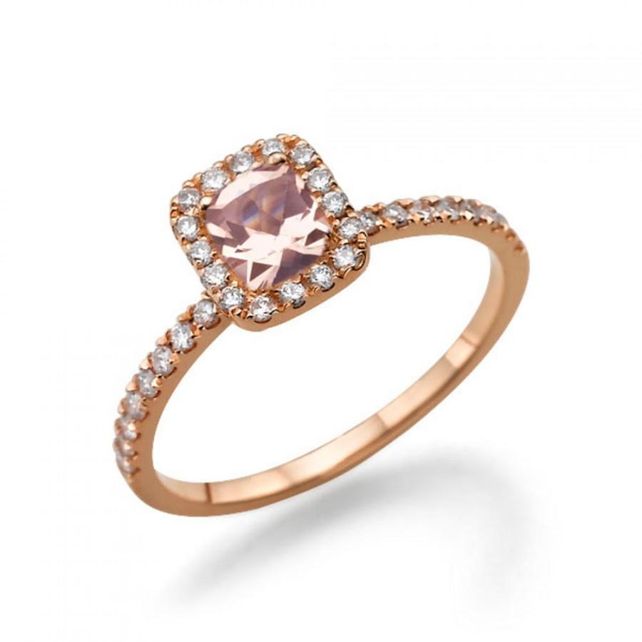 Hochzeit - Rose Gold Morganite Engagement Ring, 14K Rose Gold Ring, Cushion Halo Engagement Ring, 2.3 TCW Morganite Ring Rose Gold