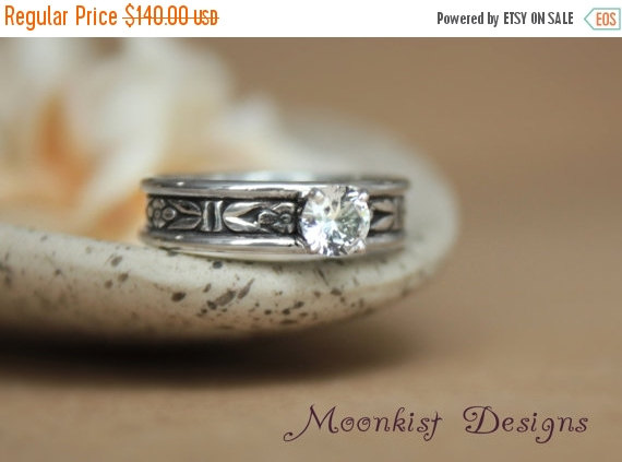 Hochzeit - ON SALE Romantic Art Deco Forget-Me-Not White Sapphire Engagement Ring in Sterling Silver - Stylized Floral Commitment Ring, Promise Ring -