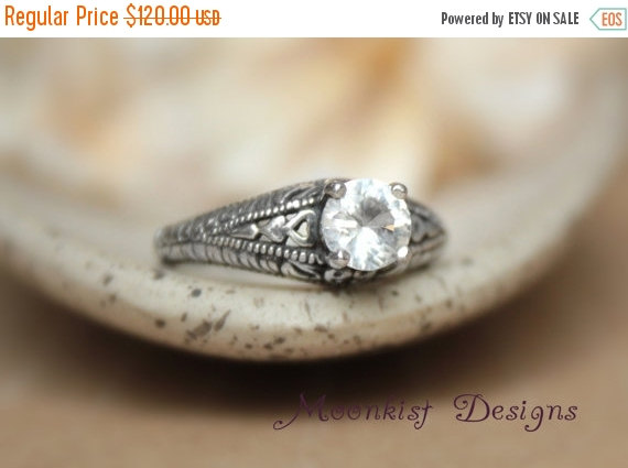 Wedding - ON SALE White Sapphire Heart Filigree Engagement Ring in Sterling - Silver Vintage Lace-Inspired Commitment Ring - Diamond Alternative Filig